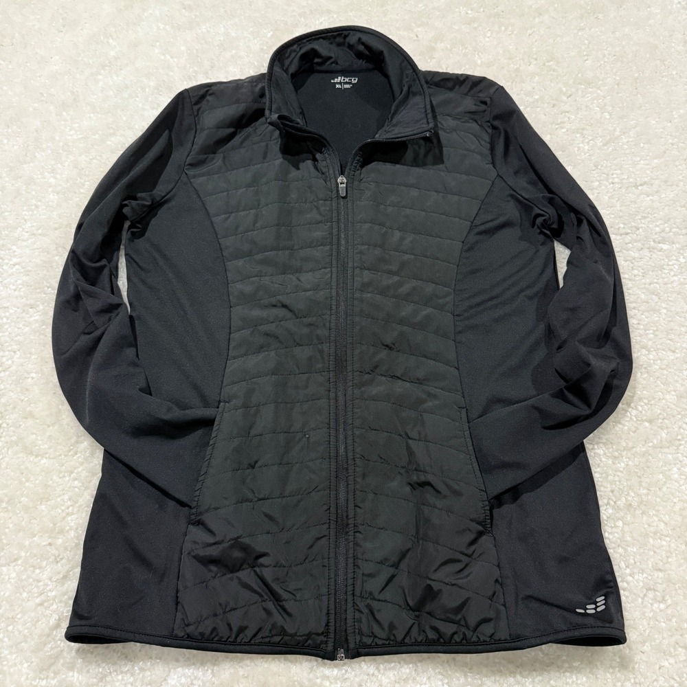 BCG Quilted Hybrid Jacket Women XL Black Full Zip Mock Neck Activewear